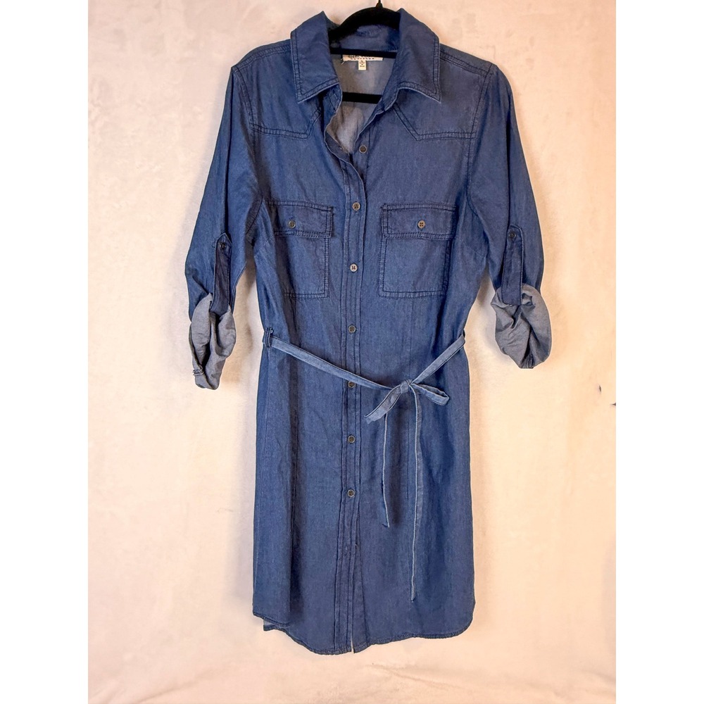 Speed Control NY Chambray Shirt Dress Small Blue Tie Waist Roll Tab Cotton